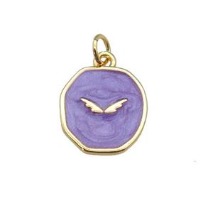 copper circle pendant with purple enamel, wing, gold plated, approx 14-15mm [FN26915]