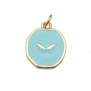 copper circle pendant with teal enamel, wing, gold plated, approx 14-15mm [FN26917]