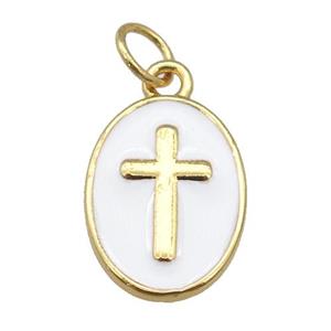 copper oval pendant with white enamel, cross, gold plated, approx 11-15mm [FN26919]