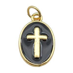 copper oval pendant with black enamel, cross, gold plated, approx 11-15mm [FN26920]