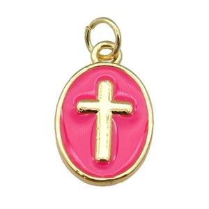copper oval pendant with hotpink enamel, cross, gold plated, approx 11-15mm [FN26923]