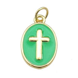 copper oval pendant with green enamel, cross, gold plated, approx 11-15mm [FN26924]