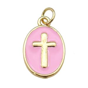 copper oval pendant with pink enamel, cross, gold plated, approx 11-15mm [FN26925]