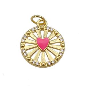 copper circle pendant paved zircon with hotpink enamel heart, gold plated, approx 14mm dia [FN26955]