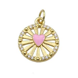 copper circle pendant paved zircon with pink enamel heart, gold plated, approx 14mm dia [FN26956]