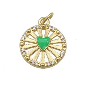 copper circle pendant paved zircon with green enamel heart, gold plated, approx 14mm dia [FN26957]