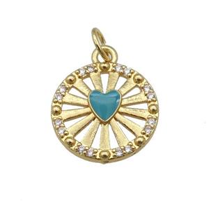 copper circle pendant paved zircon with teal enamel heart, gold plated, approx 14mm dia [FN26958]