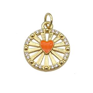 copper circle pendant paved zircon with orange enamel heart, gold plated, approx 14mm dia [FN26959]