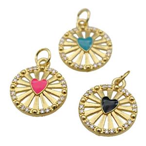 copper circle pendant paved zircon with enamel heart, gold plated, mixed, approx 14mm dia [FN26960]