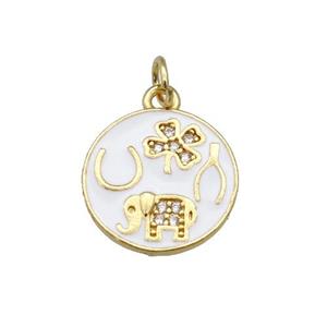 copper circle pendant paved zircon with white enamel, elephant, clover, gold plated, approx 14.5mm dia [FN26961]