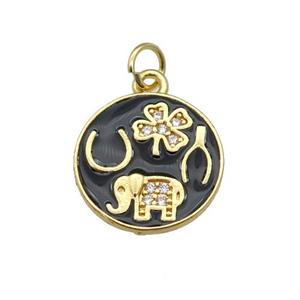 copper circle pendant paved zircon with black enamel, elephant, clover, gold plated, approx 14.5mm dia [FN26962]