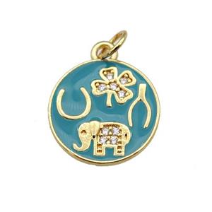 copper circle pendant paved zircon with teal enamel, elephant, clover, gold plated, approx 14.5mm dia [FN26964]
