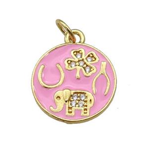 copper circle pendant paved zircon with pink enamel, elephant, clover, gold plated, approx 14.5mm dia [FN26966]