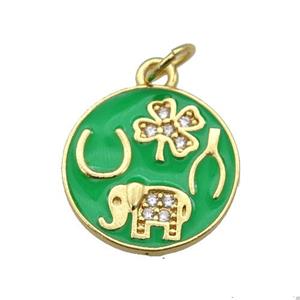 copper circle pendant paved zircon with green enamel, elephant, clover, gold plated, approx 14.5mm dia [FN26967]