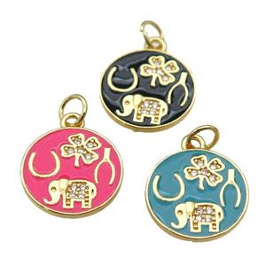 copper circle pendant paved zircon with enamel, elephant, clover, gold plated, mixed, approx 14.5mm dia [FN26968]