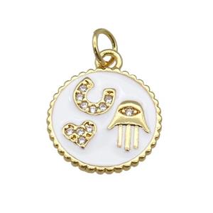 copper circle pendant paved zircon with white enamel, hand, heart, gold plated, approx 14.5mm dia [FN26969]