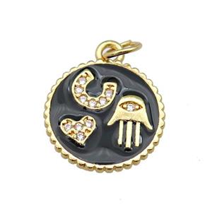 copper circle pendant paved zircon with black enamel, hand, heart, gold plated, approx 14.5mm dia [FN26970]