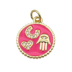 copper circle pendant paved zircon with hotpink enamel, hand, heart, gold plated, approx 14.5mm dia [FN26971]