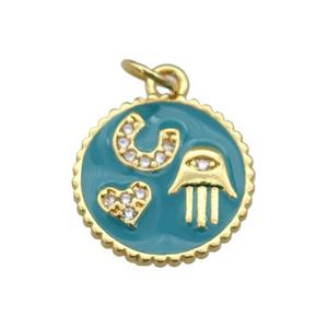 copper circle pendant paved zircon with teal enamel, hand, heart, gold plated, approx 14.5mm dia [FN26972]