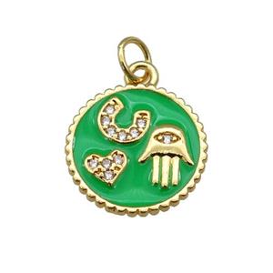 copper circle pendant paved zircon with green enamel, hand, heart, gold plated, approx 14.5mm dia [FN26973]