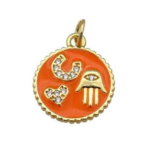 copper circle pendant paved zircon with orange enamel, hand, heart, gold plated, approx 14.5mm dia [FN26974]