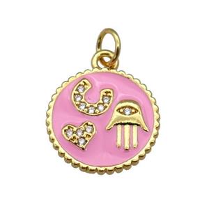 copper circle pendant paved zircon with pink enamel, hand, heart, gold plated, approx 14.5mm dia [FN26975]