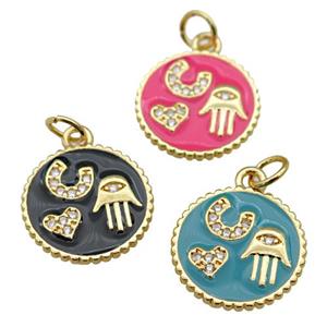 copper circle pendant paved zircon with enamel, hand, heart, gold plated, mixed, approx 14.5mm dia [FN26976]