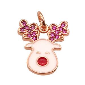 copper Christmas Reindeer Charms pendant paved zircon with white enamel, rose gold, approx 13-15mm [FN27016]