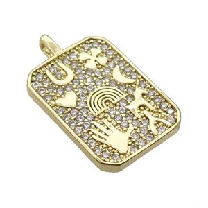 copper Rectangle pendant paved zircon, hand rainbow moon, gold plated, approx 13-18mm [FN27025]