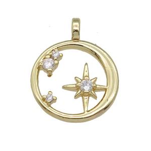 copper circle pendant paved zircon, star, gold plated, approx 16mm dia [FN27034]