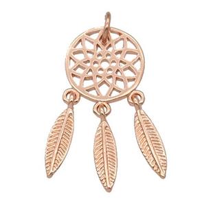 copper Dream Catcher pendant, feathers, rose gold, approx 12mm, 3-13mm [FN27050]