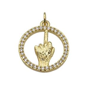 copper circle pendant paved zircon, hand gesture, gold plated, approx 18mm dia [FN27069]
