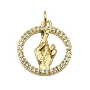 copper circle pendant paved zircon, hand gesture, gold plated, approx 18mm dia [FN27072]