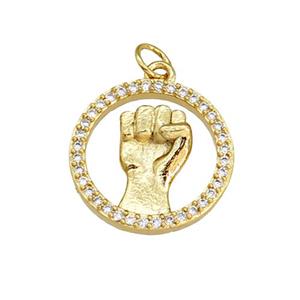 copper circle pendant paved zircon, hand gesture, gold plated, approx 18mm dia [FN27073]
