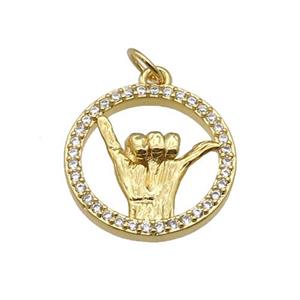 copper circle pendant paved zircon, hand gesture, gold plated, approx 18mm dia [FN27074]