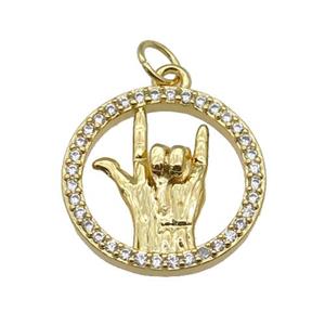 copper circle pendant paved zircon, hand gesture, gold plated, approx 18mm dia [FN27075]