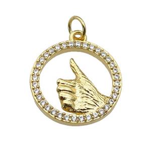 copper circle pendant paved zircon, hand gesture, gold plated, approx 18mm dia [FN27076]