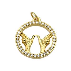 copper circle pendant paved zircon, hand gesture, gold plated, approx 18mm dia [FN27077]