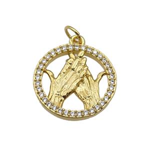 copper circle pendant paved zircon, hand gesture, gold plated, approx 18mm dia [FN27078]