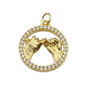 copper circle pendant paved zircon, hand gesture, gold plated, approx 18mm dia [FN27079]