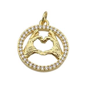 copper circle pendant paved zircon, hand gesture, gold plated, approx 18mm dia [FN27080]