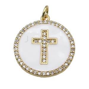 copper circle Cross pendant paved zircon, white enamel, gold plated, approx 20mm dia [FN27082]