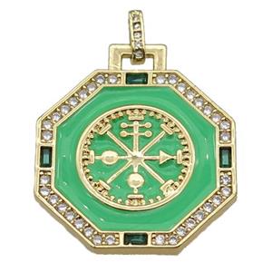 copper Hexagon pendant paved zircon, green enamel, gold plated, approx 25mm [FN27083]