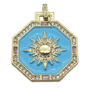 copper Hexagon pendant paved zircon, blue enamel, gold plated, approx 25mm [FN27084]
