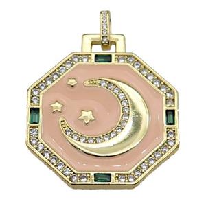 copper Hexagon pendant paved zircon, peach enamel, moon, gold plated, approx 25mm [FN27085]