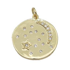 copper circle Moon pendant paved zircon, star, gold plated, approx 20mm dia [FN27089]