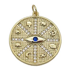 copper circle pendant paved zircon, Astrology, Lucky Eye, gold plated, approx 23mm dia [FN27092]