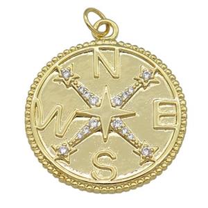 copper Compass pendant paved zircon, gold palted, approx 24mm dia [FN27113]