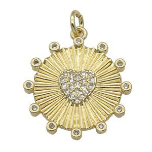 copper circle Heart pendant paved zircon, gold plated, approx 20mm dia [FN27114]