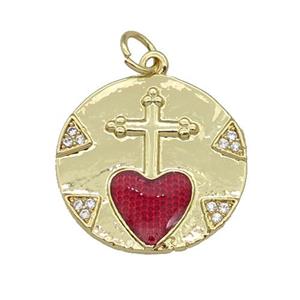 copper circle pendant paved zircon, red enamel heart, gold plated, approx 19mm [FN27117]